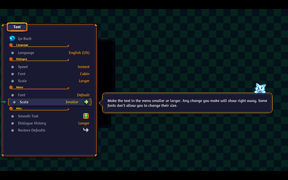 Hey #gamedev #indiedev!

By far the most common accessibility complaint is tiny text. That 15px@1080p that looks OK on your big monitor right by your face is no good for realistic gameplay environments. @ShieldCatGame has 42px@1080p default, scaleable up to 60px and down to 25px.