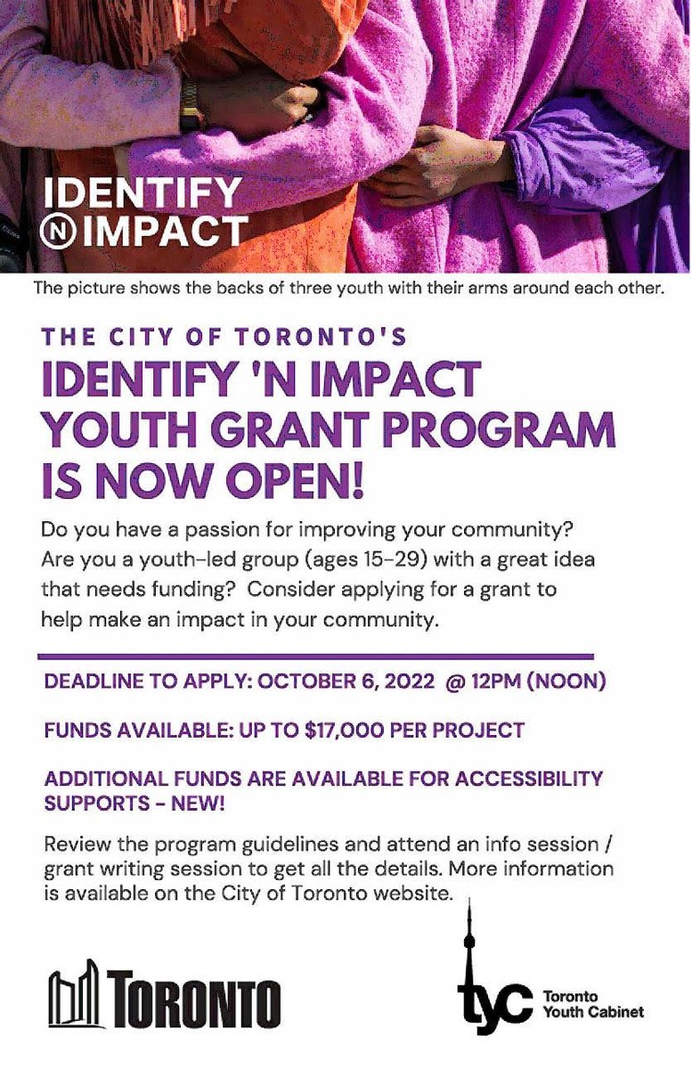 The City of Toronto Identify 'n Impact (INI) Youth Grant Program is NOW open!
The deadline to apply is October 6, 2022 at 12:00PM (noon).
toronto.ca/.../identify-n…