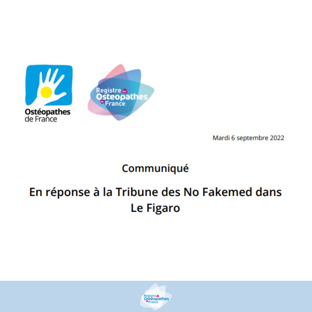 DOMROF's tweet photo. [ Communiqué de Presse - Mardi 06 septembre 2022 ]

Ostéopathes de France et le Registre des Ostéopathes de France, en réponse à la Tribune des No Fakemed dans Le Figaro.

Consulter le communiqué sur le site 👉 https://t.co/uzuyQcShRf https://t.co/7CQLnHSwpE