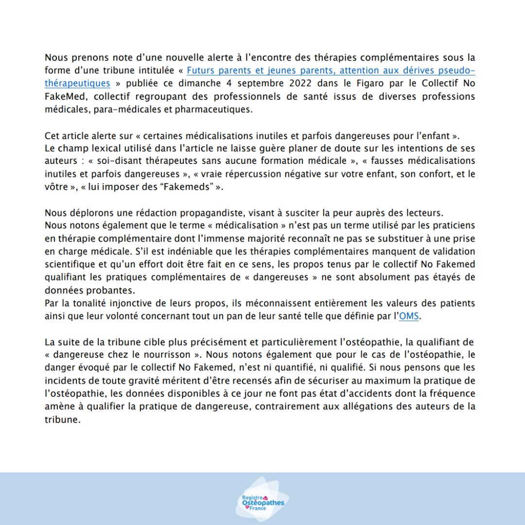 DOMROF's tweet photo. [ Communiqué de Presse - Mardi 06 septembre 2022 ]

Ostéopathes de France et le Registre des Ostéopathes de France, en réponse à la Tribune des No Fakemed dans Le Figaro.

Consulter le communiqué sur le site 👉 https://t.co/uzuyQcShRf https://t.co/7CQLnHSwpE