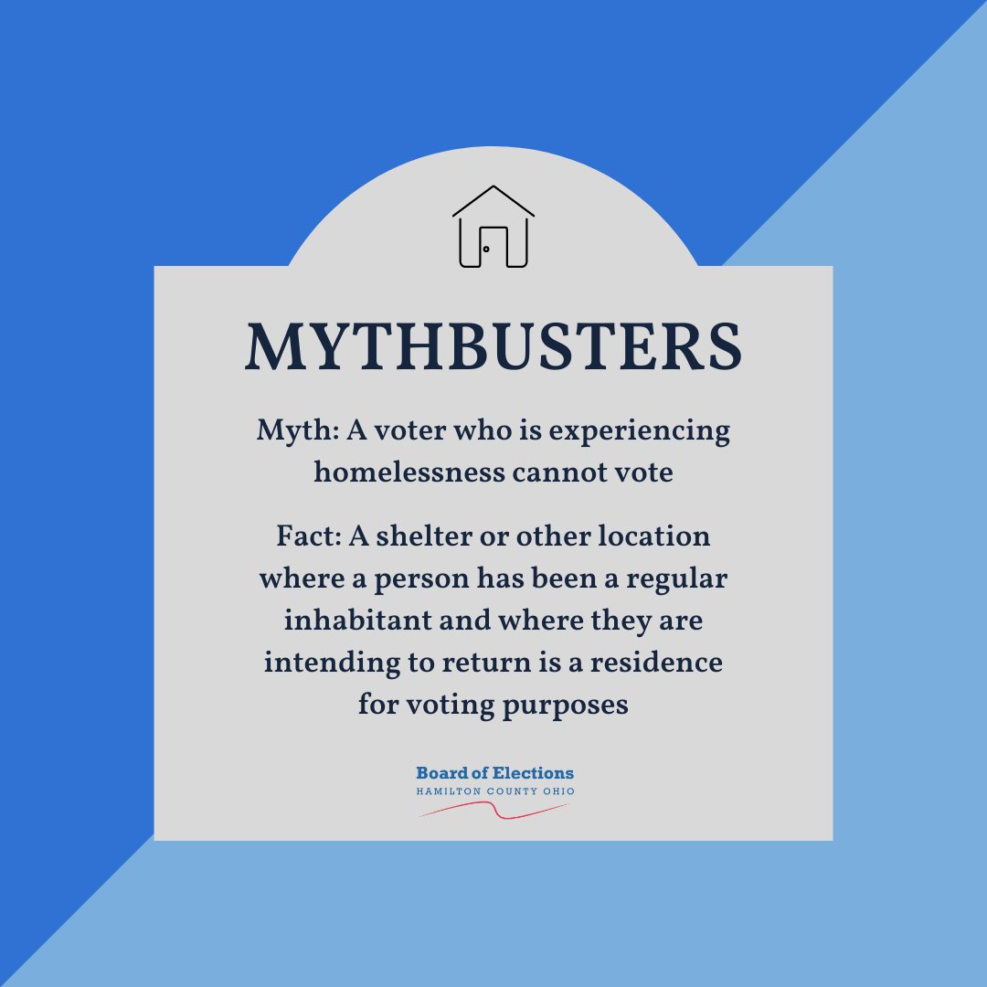 VoteHamCoBOE's tweet image. Myth: A voter experiencing homelessness cannot vote.
Fact: A shelter or other location where a person has been a regular inhabitant and where they are intending to return is a residence for voting purposes.