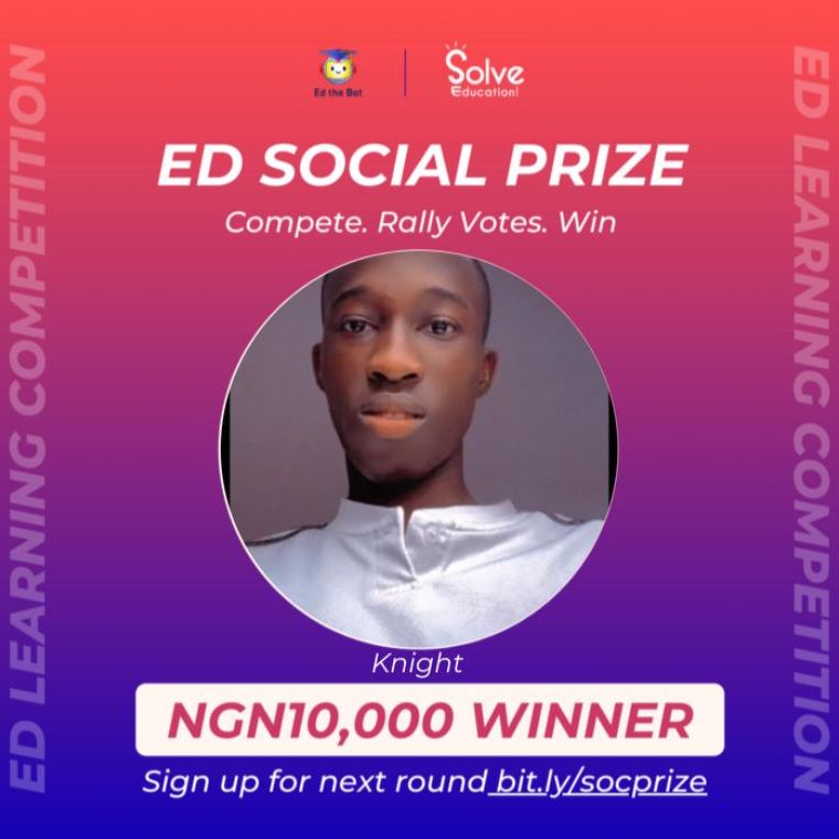 Meet our Social Contest Winner, Afolayan Jeremiah Adebayo  🎉

Congratulations on winning NGN 10.000 by participating in the Ed Social Ambassadors Contest🥳 🎉

Sign Up for the Next Round: tinyurl.com/ambsocial

#solveeducation #social #socialcontest #learningcompetitions