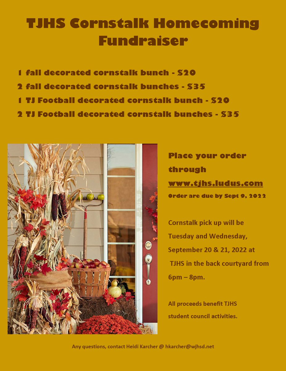 .<a href="/TJHSJaguars/">TJHSJaguars</a> Homecoming week is one month away! You can support #TJ Student Council by ordering decorated corn stalks and Homecoming T-shirts at tjhs.ludus.com by Friday, 9/9. 
The #TJ Homecoming game is 10/7 vs Trinity. #WJHSD #WErTJ #GoJaguars