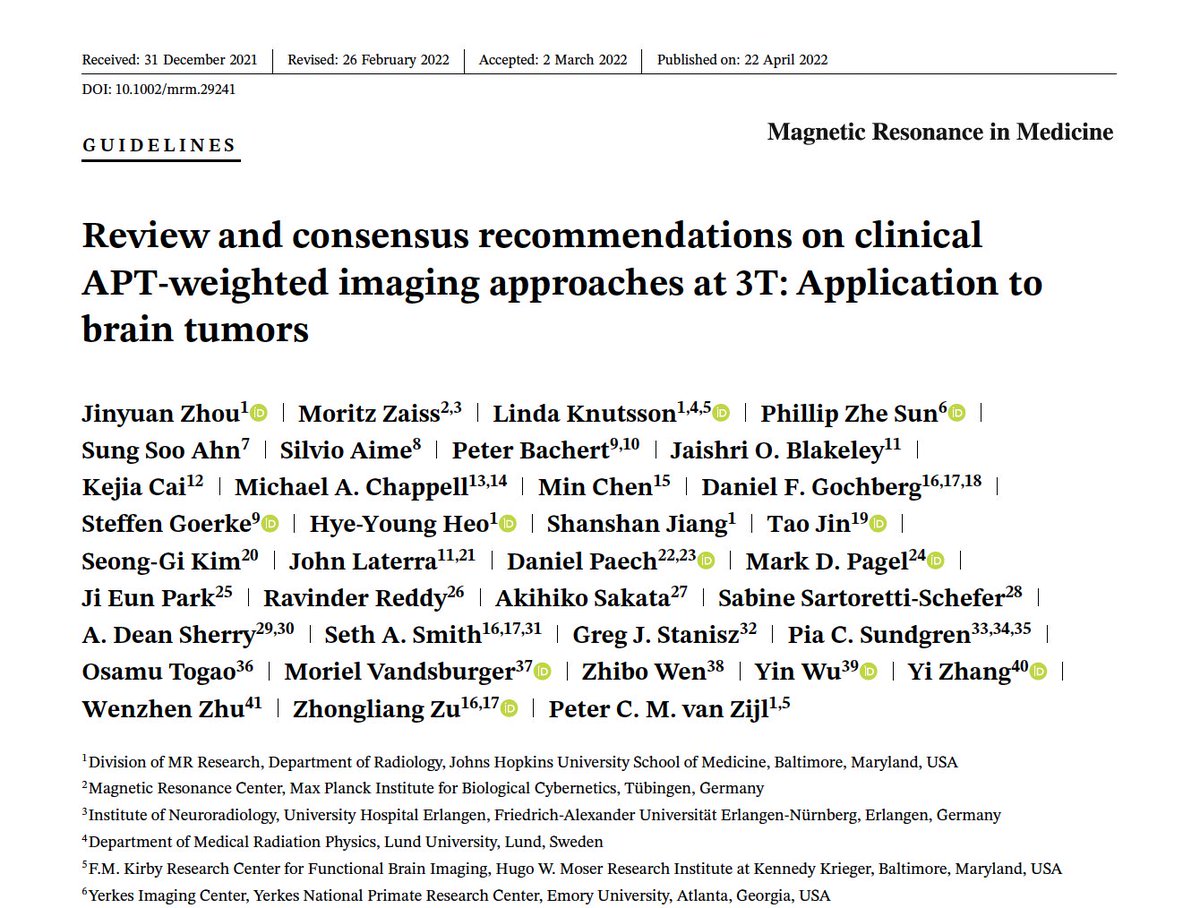 August MRM Editor's Pick #3: "Review and consensus recommendations on clinical APT-weighted imaging approaches at 3T: Application to brain tumors", by Jinyuan Zhou from <a href="/Hopkins_Rad/">Johns Hopkins Radiology</a> <a href="/JohnsHopkins/">Johns Hopkins University</a>. onlinelibrary.wiley.com/doi/10.1002/mr…