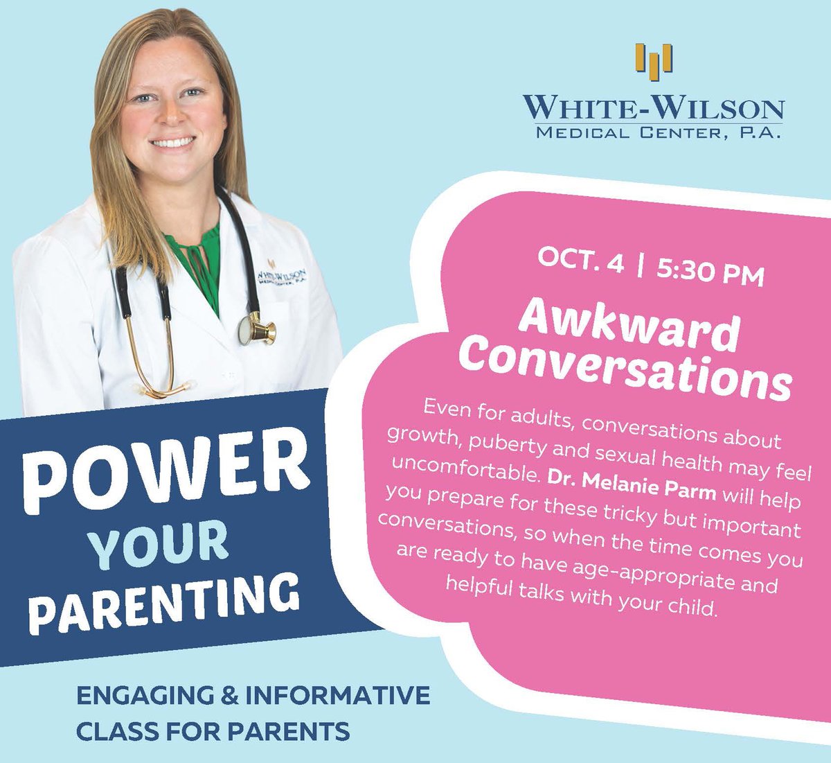 Join us on Tuesday, October 4, 5:30pm to 6:30pm as Dr. Melanie Parm helps prepare you for age-appropriate and helpful talks with your child! The class is FREE. To reserve your seat, visit qrco.de/bd4uSS. 
#WhiteWilsonMedicalCenter