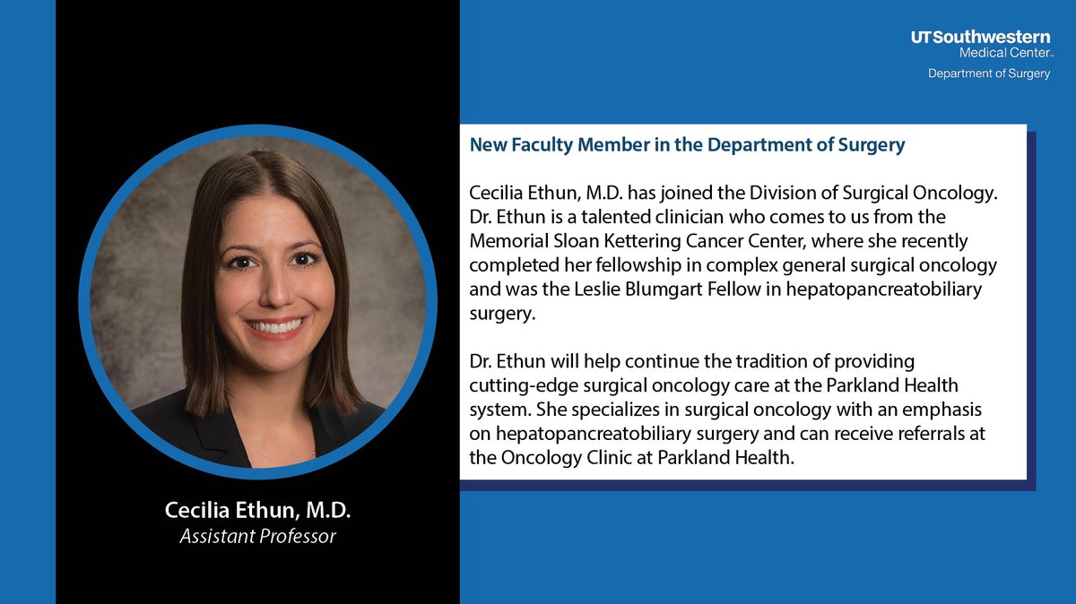 UTSW_Surgery's tweet photo. Join us in welcoming Dr. Cecilia Ethun to the Dept of Surgery! https://t.co/RP09IL2VY5

#utsw #surgery #oncology https://t.co/EJC6lRd8pf