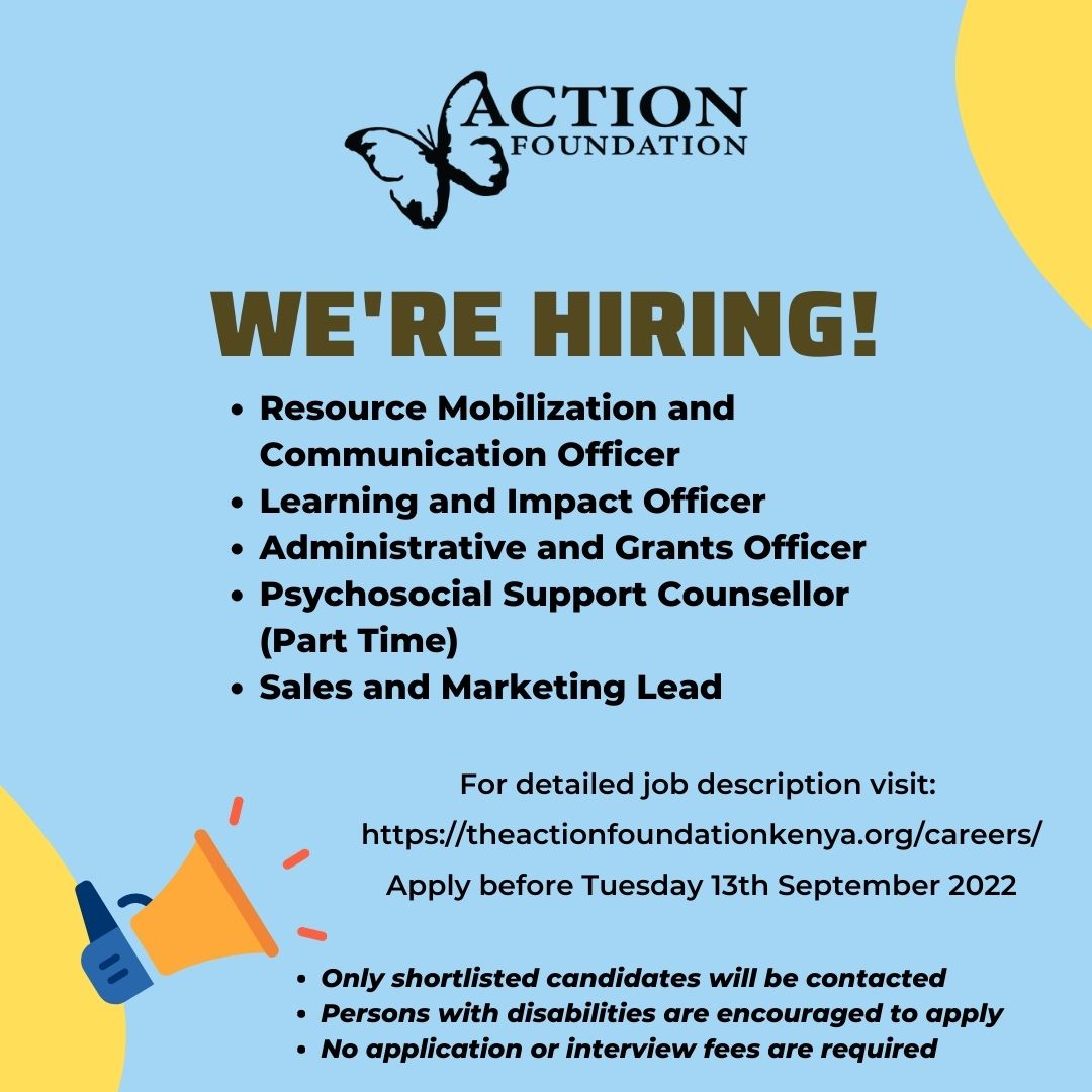 TheActionKenya's tweet photo. We are growing and looking for passionate, committed people to join our diverse team in our mission to build inclusive and resilient communities for children, women, and girls with disabilities. 
Apply before September 13th, 2022.
https://t.co/anwQbMJErK
#IkoKaziKE https://t.co/3K5UdHPXcU