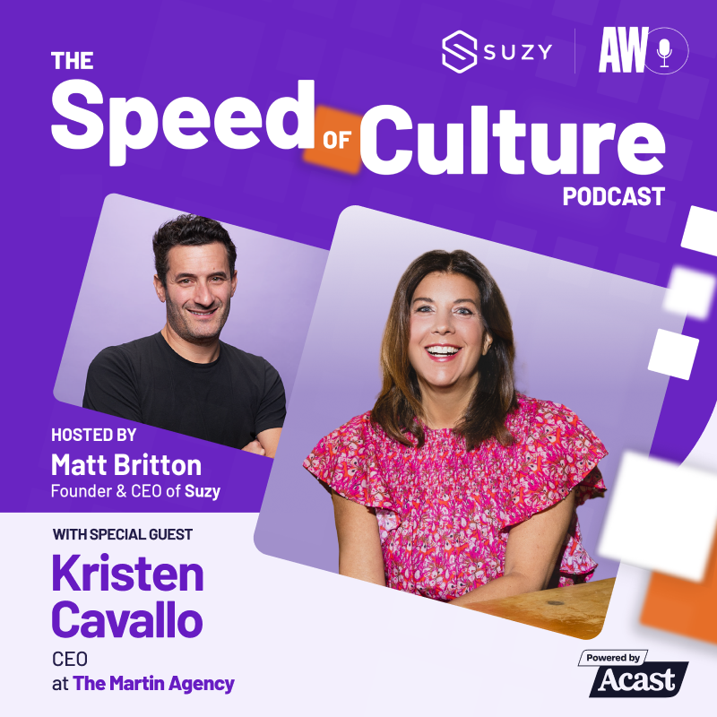 AskSuzyBiz's tweet photo. When the Speed of Culture launched this year, we had no idea it would get so much support! We’re now releasing weekly podcasts! 🎉 This week, join Suzy Founder &amp; CEO @MattyB and @Cavallokristen, CEO at @MartinAgency to learn how to differentiate your brand. #thespeedofculture