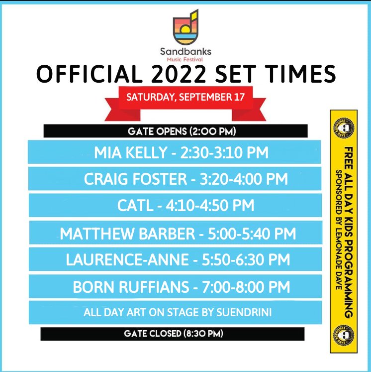 sandbanksmusic's tweet photo. OFFICIAL 2022 SET TIMES!
:
:
Click to buy your advance tickets and save $5 on each one! -} https://t.co/Zq8PBT8Tbn
@BornRuffians
#bornruffiansrock #indiemusic #localmusic #localfood #localdrinks #familyfriendly #musicfestival #PEC https://t.co/XT8c9rOi1T