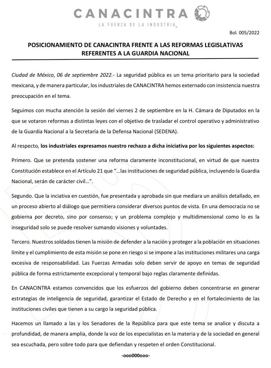 CANACINTRAMex's tweet photo. COMUNICADO | Posicionamiento de #CANACINTRA frente a las reformas legislativas referentes a la Guardia Nacional. https://t.co/VlJuwqvJOu