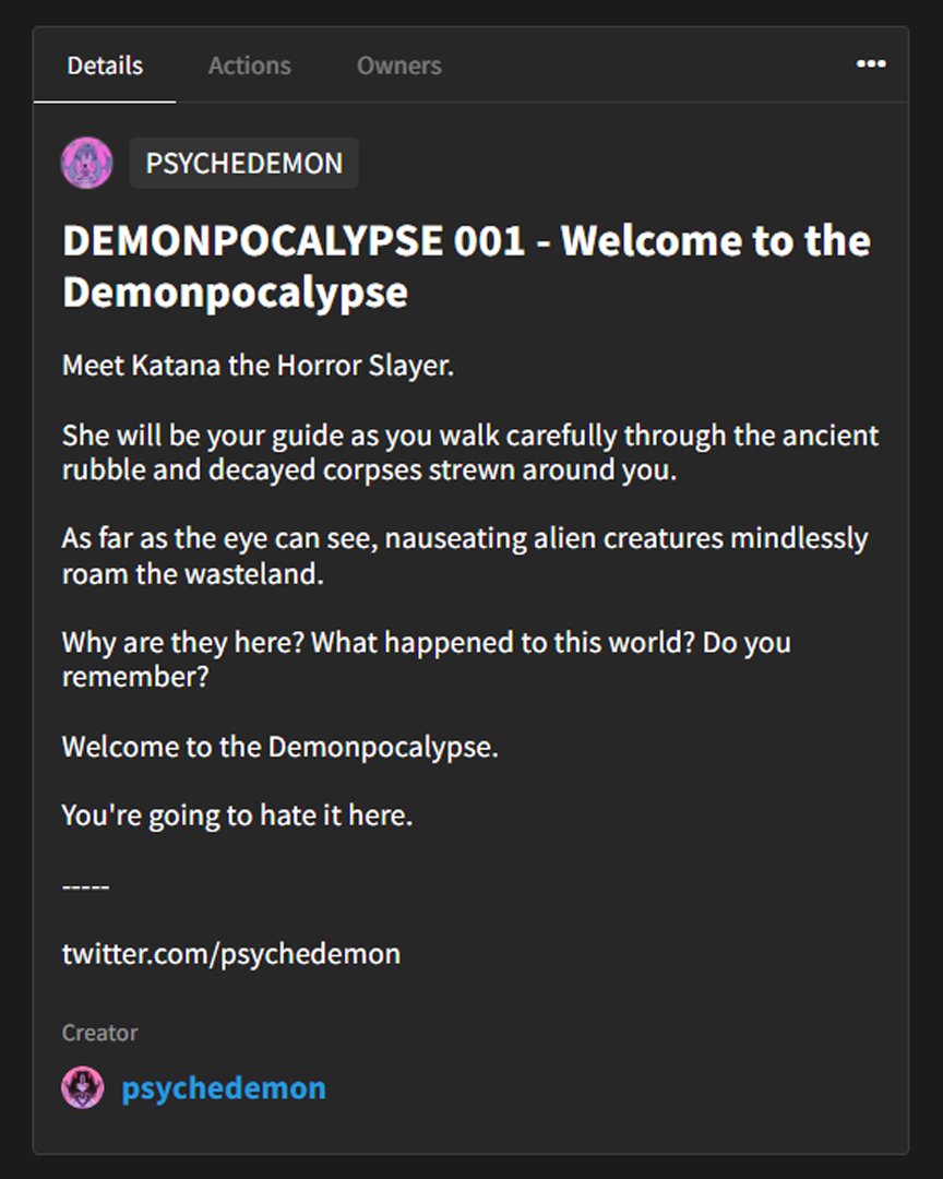 GM 💜

Here's an older NFT I created in November 2021, and the post-apocalyptic lore to go with it ⬇

I'm enjoying taking this idea further with DDC and the new Wasteland series. I've been creating art about post-apocalyptic demons for almost a year now! 💚

(Owned by <a href="/0xhukus/">hukus</a>)