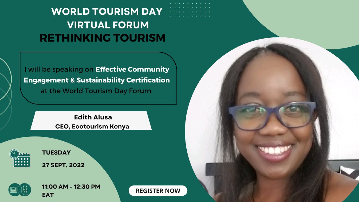 ecotourismkenya's tweet photo. WORLD TOURISM DAY FORUM REGISTRATION

On 27.09.22, we will have a panel discussion on #RethinkingTourism in a free virtual session.

Meet the panel and the sub-topics they'll be speaking on.
+ https://t.co/UhDZPOnL7K