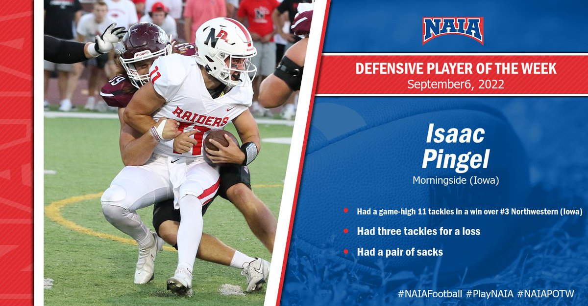 🏈| Isaac Pingel from <a href="/MsideMustangs/">Morningside Mustangs 🐴</a> earns this seasons first #NAIAFootball Defensive Player of the Week recognition!
 
Read More --> bit.ly/3APkAut

#NAIAPOTW #PlayNAIA