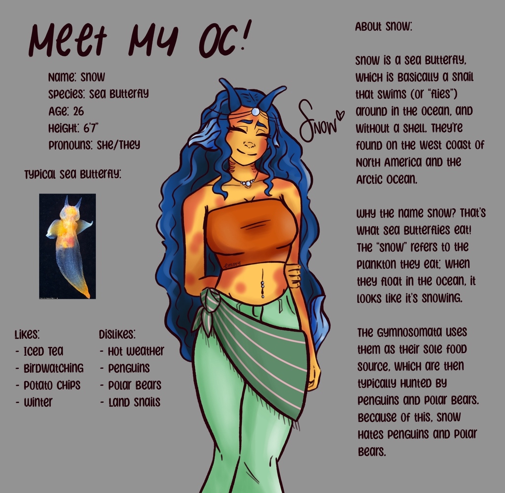 emmy_vigilante's tweet photo. This is my first official OC, Snow!
I put some info on why I picked certain traits about her, and I hope you like Snow, the sea butterfly girl!
#art #artist #digitalart #procreate #digitalartist #snow #seabutterfly #oc #myfirstoc https://t.co/4smyGHua5P