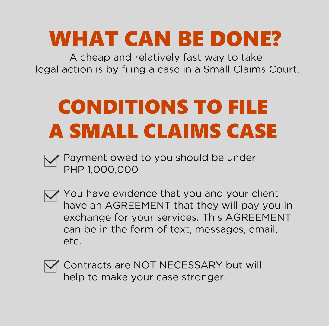 PAWA_Official's tweet photo. Have trouble getting that final payment from your client? Maybe it's time for you to go to your small claims court and finally get that payment. Check out these simplified guidelines to help you through the process of filing to small claims court. (1/2) https://t.co/dHMn9VIUK7