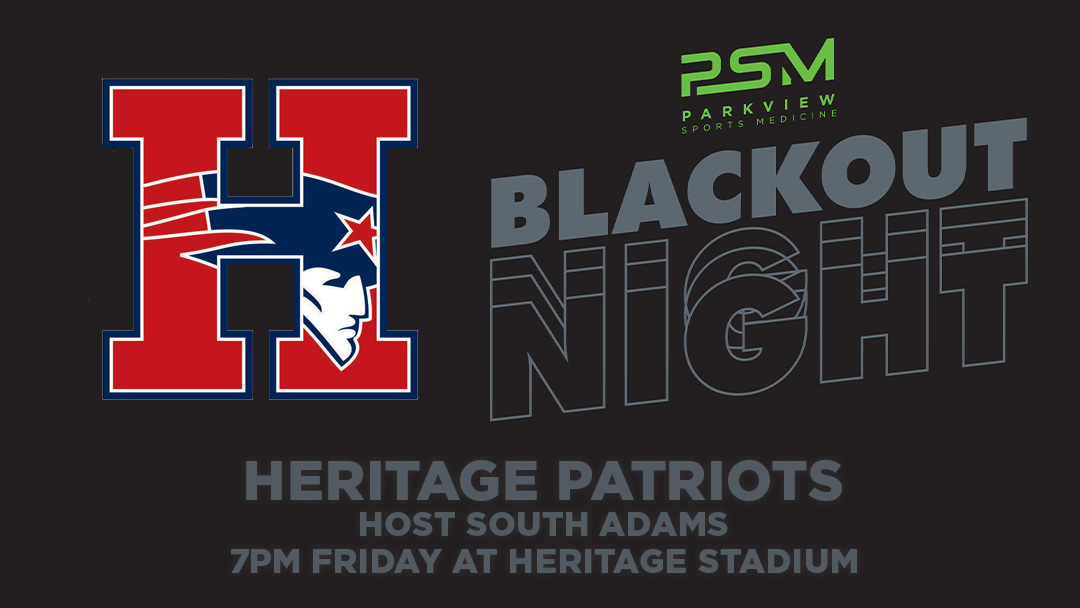 PSM1Team's tweet photo. 🏈 #PSMBlackoutNight heads to Monroeville Friday as  @hhspatriotsfb take on the Starfires.

@HHSGrillers, get your T-shirts and tag @PSM1Team in your posts to be featured on our page.

⌚️7pm
📍Heritage Stadium

@HeritagePride // @hhspatsfca // #BecomeMore https://t.co/0mLKzQzZKY