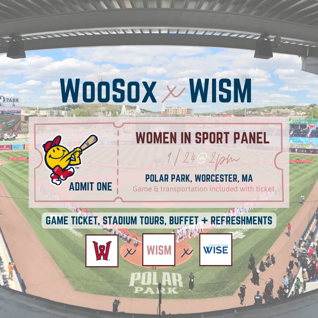 WISMUMASS's tweet photo. The Worcester WooSox are putting on an event for Women in Sport Management and WISM has been invited. It will feature a panel of women in the industry and a free ticket to the game on Sept 24, but make sure to register by Sept 10. You can register by emailing wismumass@gmail.com https://t.co/FByYIR4Fjh