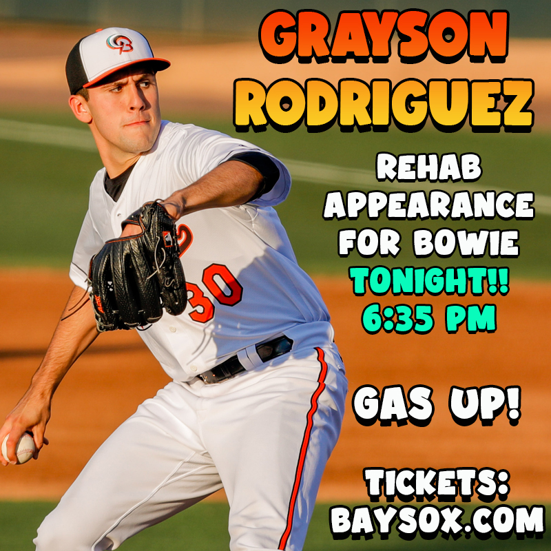BaysoxOfficial's tweet image. Baysox are Back Home TONIGHT! See baseball's #1 pitching prospect GRAYSON RODRIGUEZ toe the rubber! It's also #MilitaryAppreciation Night!

🆚: @GoSquirrels 
⏱️: 6:35 pm
🎟️: atmilb.com/2TNxQw8

#OperationRingHunt #Baysox #MiLB