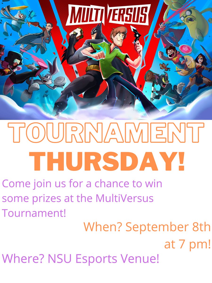 Attention Demons! We have another tournament coming up soon! Join us on Thursday for a chance to win some prizes in the MultiVersus tournament! 😈
#nsula #nsuesports #gaming