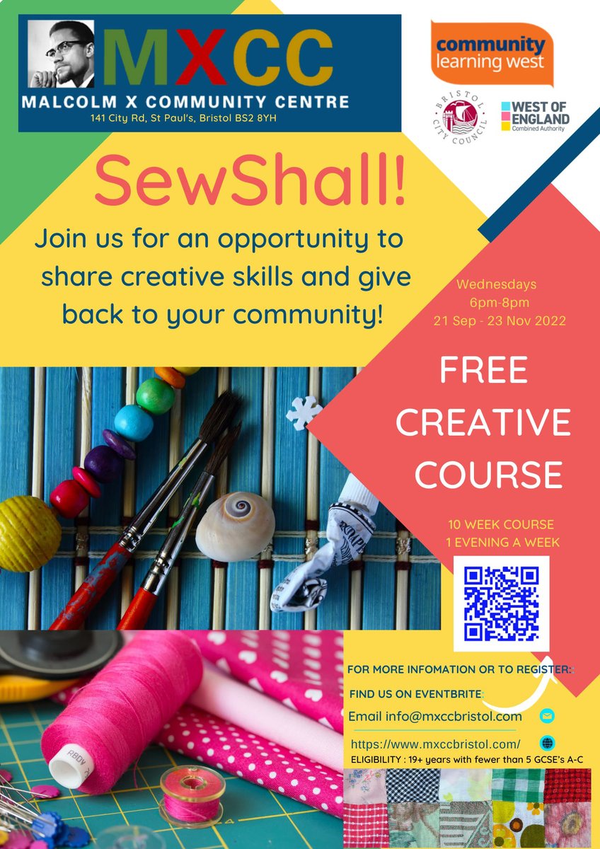 MXCCBristol's tweet photo. Malcolm X Community Centre and Community Learning invite you to join the upcoming FREE courses!

▪️ SEWSHALL - Sep21st - Nov.23rd

 ➡️https://t.co/q3xdCAut1r

▪️ UPLIFT! 21st&amp;28 Oct.

➡️https://t.co/8CxB43L2kh

▪️ DRIVING THEORY - 18th&amp;25 Nov.

➡️https://t.co/XUS0yD7giI https://t.co/BMmW3gCt9i