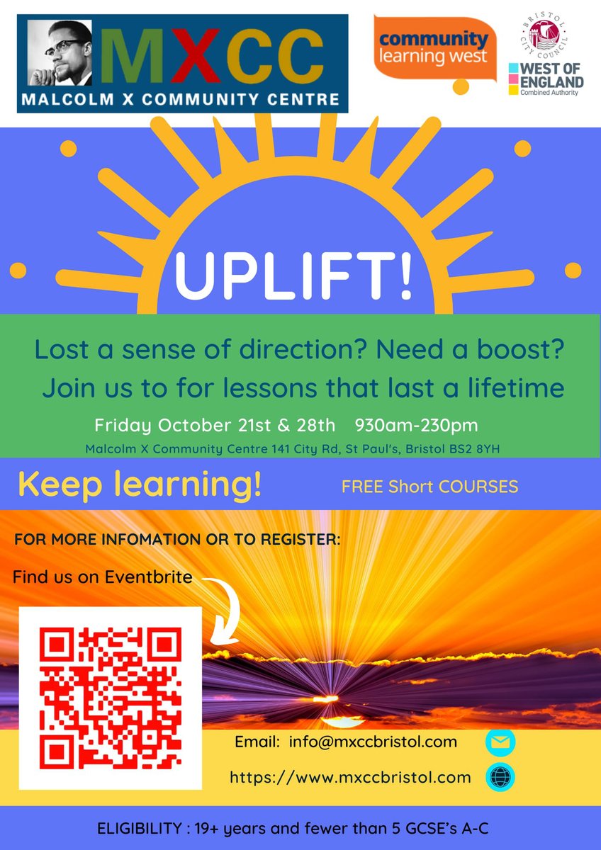MXCCBristol's tweet photo. Malcolm X Community Centre and Community Learning invite you to join the upcoming FREE courses!

▪️ SEWSHALL - Sep21st - Nov.23rd

 ➡️https://t.co/q3xdCAut1r

▪️ UPLIFT! 21st&amp;28 Oct.

➡️https://t.co/8CxB43L2kh

▪️ DRIVING THEORY - 18th&amp;25 Nov.

➡️https://t.co/XUS0yD7giI https://t.co/BMmW3gCt9i