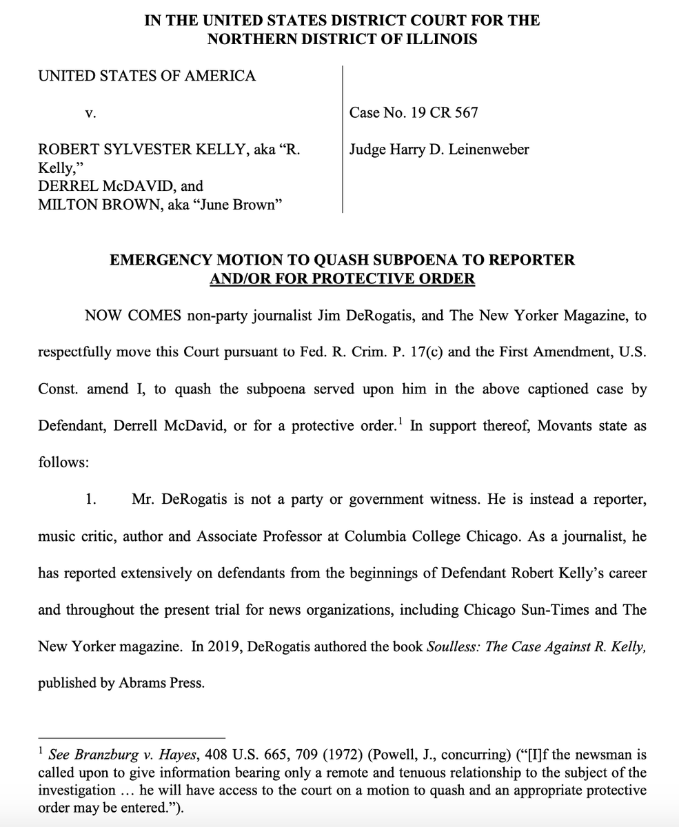 SeidelContent's tweet photo. Former @Suntimes music critic/journalist @JimDeRogatis and @NewYorker have moved to quash the subpoena served on DeRogatis in R. Kelly's federal trial. DeRogatis was expected to be called to the stand as soon as today (trial is delayed until tomorrow). https://t.co/BNQZgeB2ya