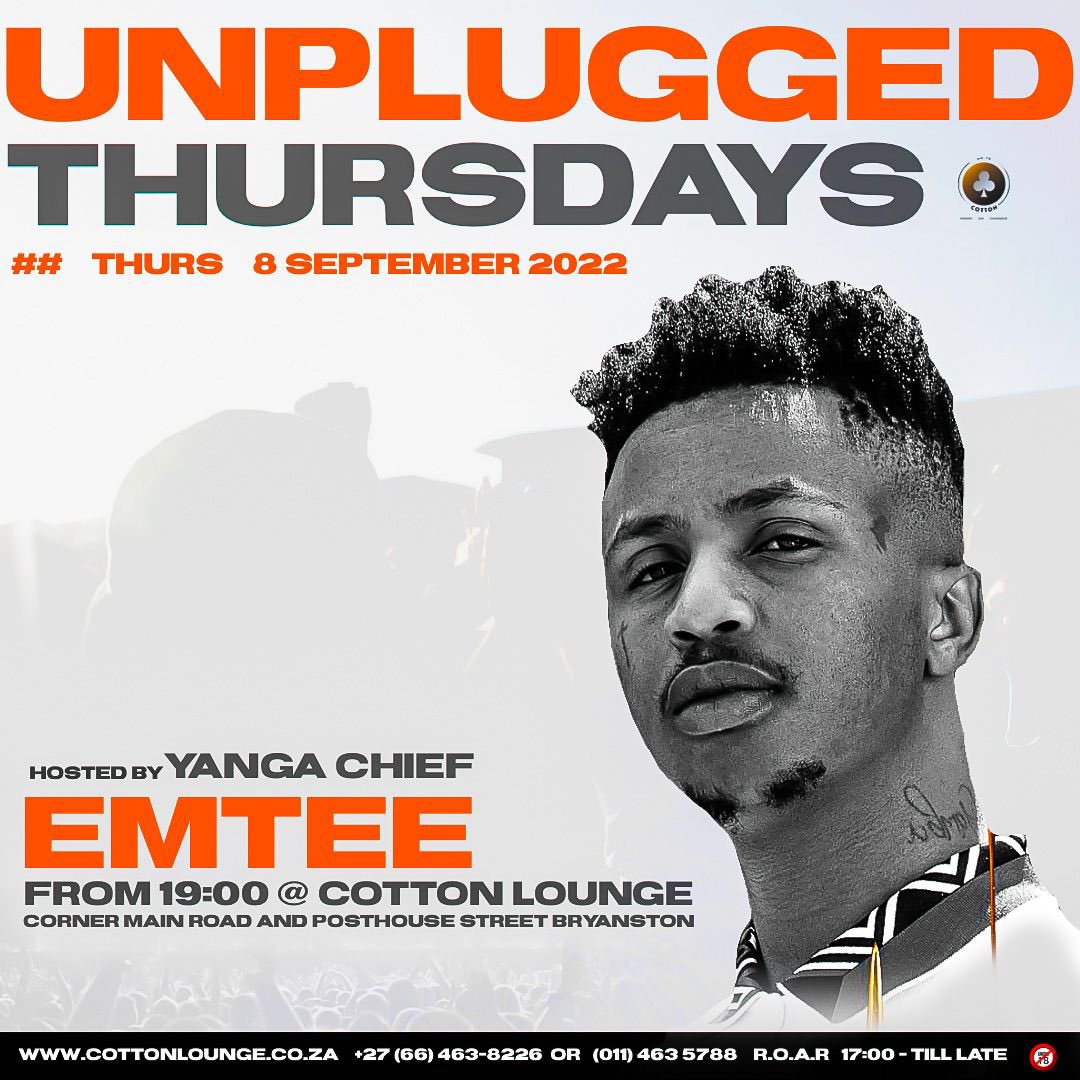 maguqa_x's tweet photo. Last Thursday @KwestaDaKAR did the things, I’m excited that @emteerecords is coming through on Thursday. #unpluggedthursdays #cottonlounge #emtee #YangaChief https://t.co/y1Y8gQQsgY