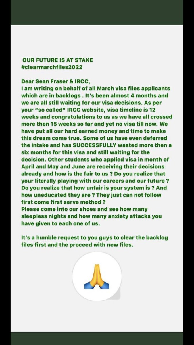 marchfiles2022's tweet photo. #clearmarchfiles2022
Dear @CitImmCanada 
We lodged our files early, so we should get results early, why don't IRCC follows the first come first serve policy? Please clear March lodged STUDY permit applications @JustinTrudeau @SeanFraserMP  @iStudentCanada @CanadainIndia https://t.co/stbkAtT5K5