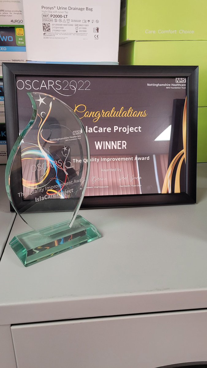 Worksopnurses's tweet photo. First stop is to Team Larwood. We are proudly displaying the award but will soon pass this on to another team involved with @Islavisualcare project #teamIsla #NottsOSCARS #QualityImprovement
@ZoeRead5
@CookFrankie @GabiC_Isla @NottsHealthcare @QI_NottsHC https://t.co/71iJG9okJ7