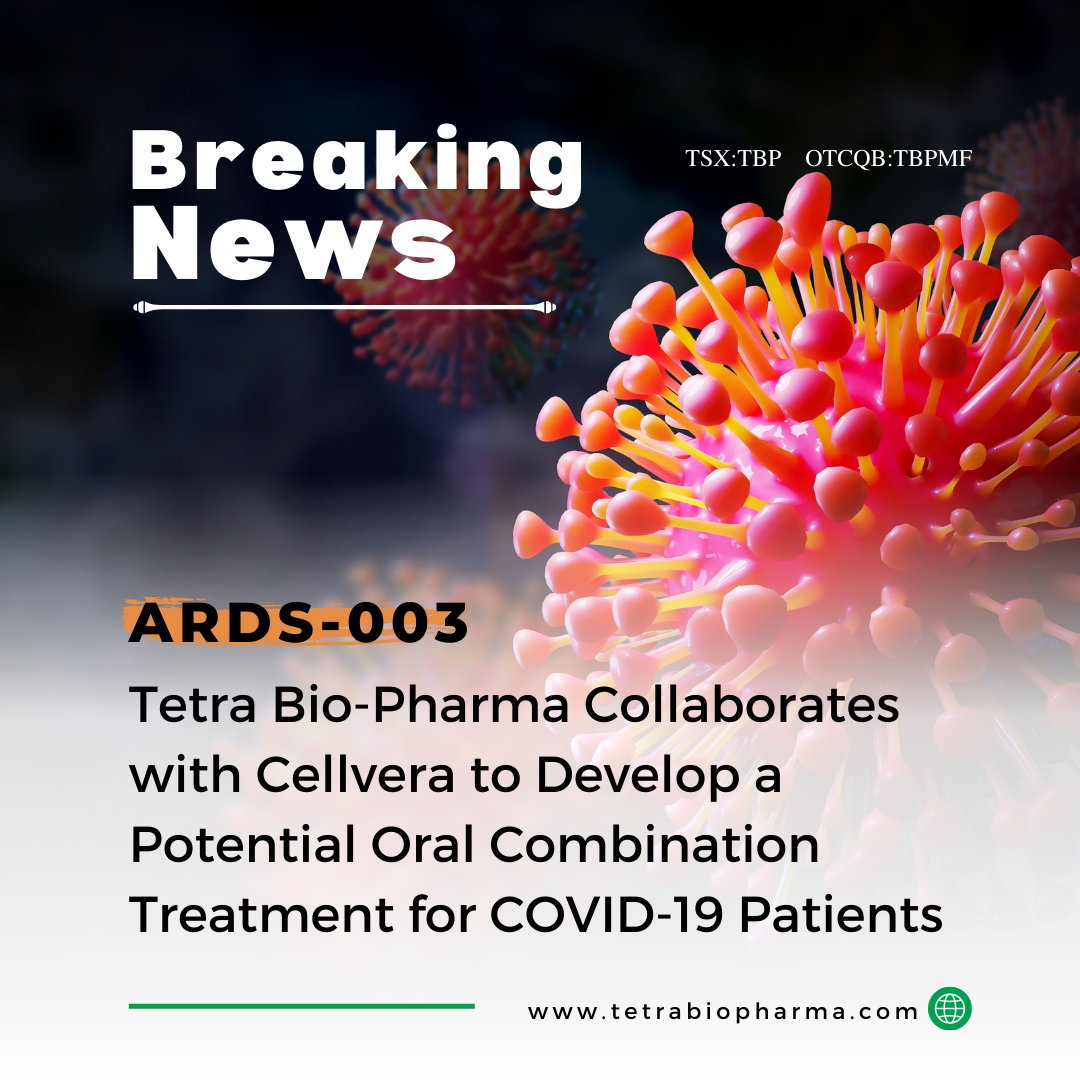 TetraBioPharma's tweet photo. #BreakingNews : Tetra &amp; @Cellvera_lab will jointly develop a potential oral #therapeutic for patients with #COVID19, using #ARDS-003, in combination with the proven broad-spectrum #antiviral, #Qifenda 400MG (#Favipiravir). $TBP $TBPMF 
#pharma #innovation 
https://t.co/qII5QG0KG7 https://t.co/HOQRo8MpOC