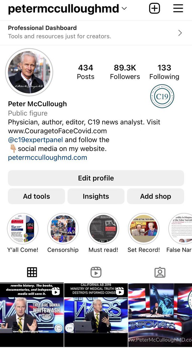 P_McCulloughMD's tweet photo. In promoting the false narrative, IG is blocking my followers from tagging and fully interacting.  Be sure to share posts and important updates.  IG trying to keep me below 100K followers and will not certify me--no wonder they are getting fines and penalties. https://t.co/AZBaw2OT0o