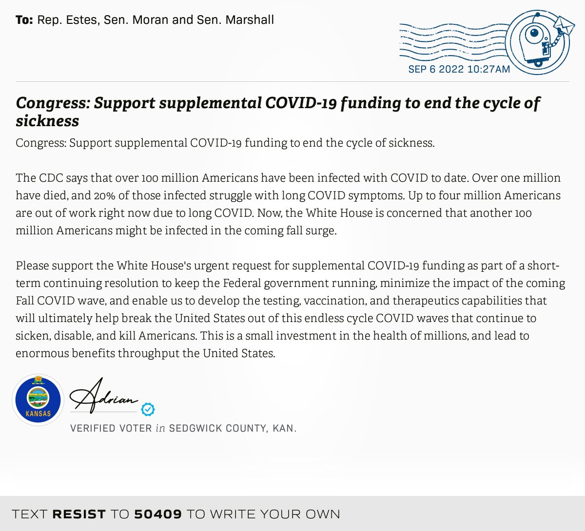 openletterbot's tweet photo. ๐ฌ I delivered โCongress: Support supplemental COVID-19 funding to end the cycle of sicknessโ from @adrianlwaller to @RepRonEstes, @JerryMoran and @SenatorMarshall #KS04 #KSpolitics #KSpol #KSpoli
๐ Write your own: https://t.co/z5540KoPID https://t.co/BFf0A7Zkt6