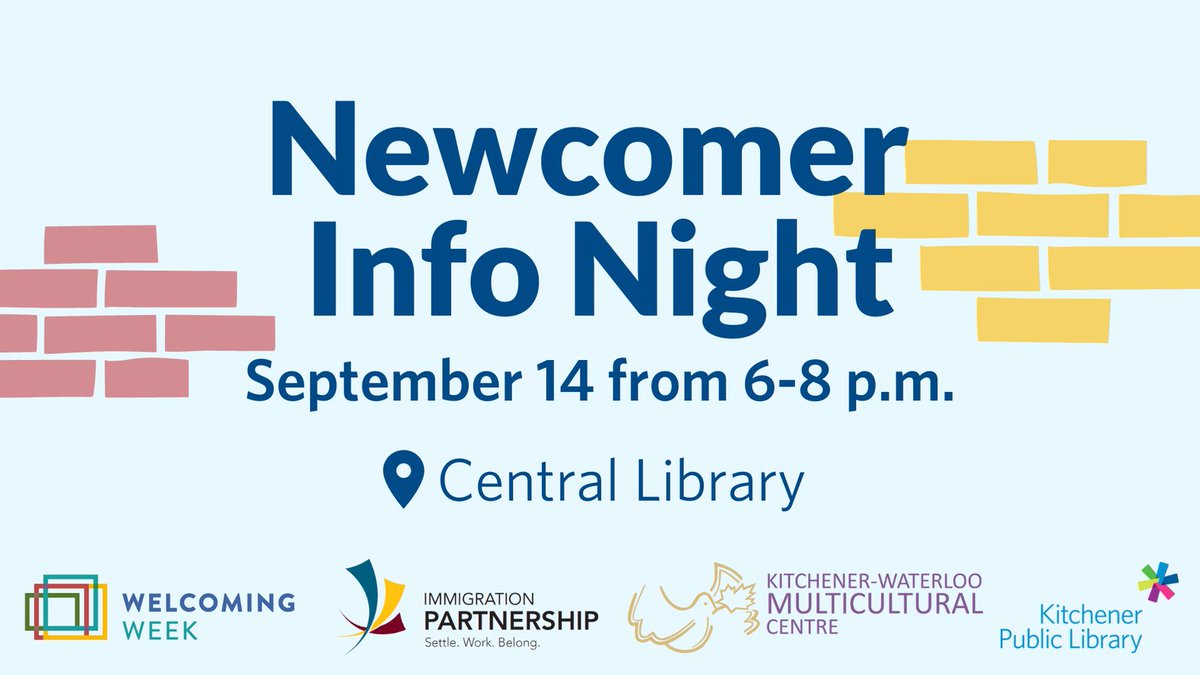 KWMulticultural's tweet photo. Join us at @KitchLibrary on Wed. Sep 14th from 6PM-8PM for Newcomer Info Night!
Hear from service providers in KW; get a bus tour with @GRT_ROW; get a free family portrait plus more activities for families! Translation into Arabic, Tigrinya, Spanish, Ukrainian
#WelcomeWeek2022 https://t.co/LtWZ1XBUw8
