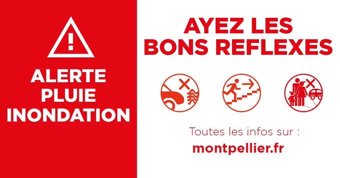 montpellier_'s tweet photo. 🔴 Alerte vigilance rouge 
➡️ Phénomène dangereux d’intensité exceptionnelle. Restez abrités chez vous jusqu’à la fin du phénomène !
⚠️ N’allez pas chercher vos enfants dans les crèches ou les écoles, ils sont pris en charge par les équipes de la Ville. https://t.co/F4sLNfFxmV