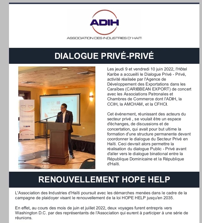 ADIHNews's tweet photo. Le bulletin de l'ADIH pour les mois de Juillet et Août 2022 a été publié! Nous vous invitons à le consulter en cliquant sur ce lien ⤵️:
https://t.co/MOwetJg0uj
.
.
#ADIH #Bulletin #TextileIndustry #AgroIndustry #NationalProduction #Haiti https://t.co/ICzYt80664
