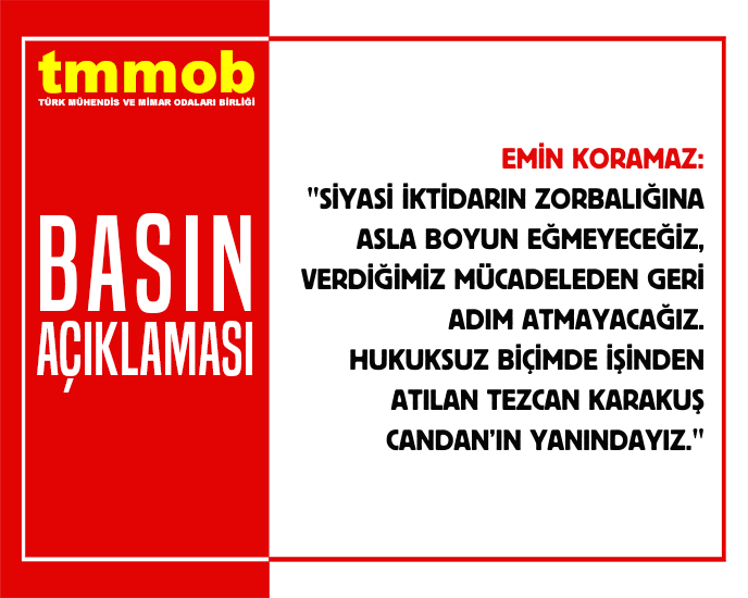 Mimarlar Odası Ankara Şubesi Başkanı Tezcan Karakuş Candan’ın İçişleri Bakanlığı Yüksek Disiplin Kurulu kararıyla Çankaya Belediyesi’ndeki görevinden ihraç edilmesi hakkında TMMOB Yönetim Kurulu Başkanı Emin Koramaz tarafından basın açıklaması yapıldı.
tmmob.org.tr/icerik/mimarla…
