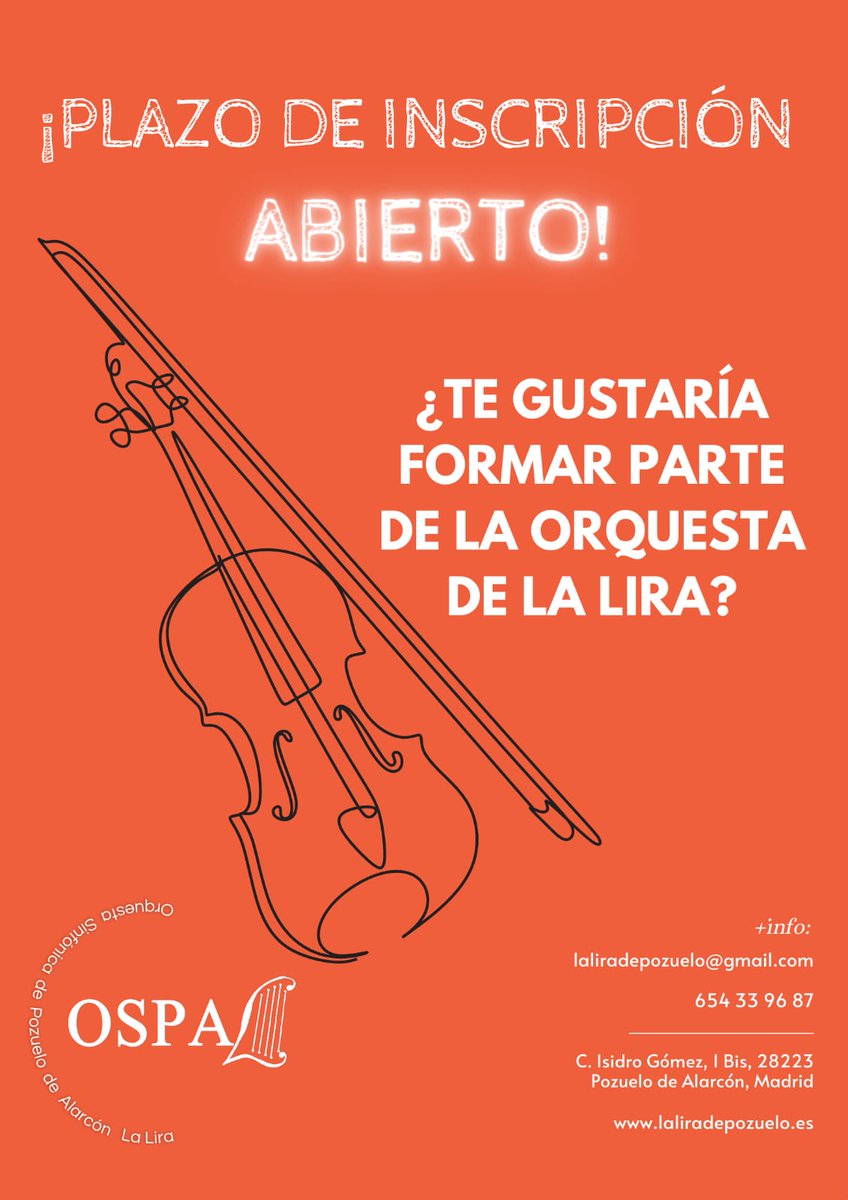 LaLiradePozuelo's tweet photo. ¿Te gustaría formar parte de la Orquesta Sinfónica de La Lira?
¡Estás de suerte porque el plazo de inscripción está abierto! Buscamos jóvenes músicos, estudiantes o amateurs con ganas de tocar en nuestra orquesta. ¡No lo dudes y apúntate!
#Ospal
#OrquestaSinfonica https://t.co/kCXxjd0Pe6