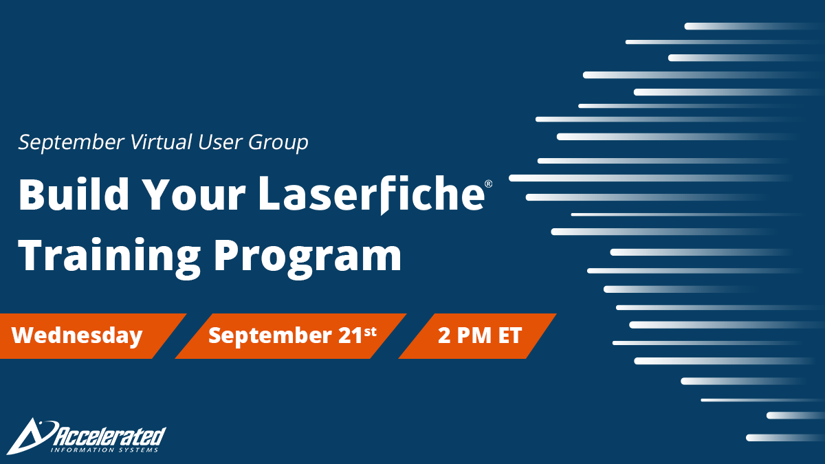 AISWW's tweet photo. Need help navigating @Laserfiche #training options? We have the #VirtualUserGroup for you: https://t.co/69tPKDkIkr
Register now for Build Your Laserfiche Training Program to learn more! https://t.co/VceLJYlPxY