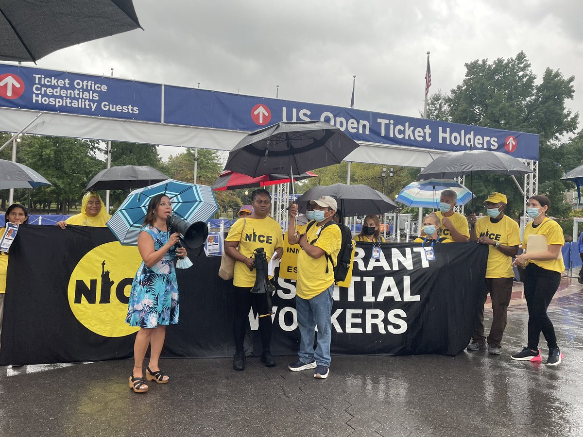 NICE4Workers's tweet photo. Rain or shine, @NICE4Workers shows up to fight against wage theft at @usopen! Immigrant workers don’t work for free. We demand our wages and our dignity! The US Open must pay workers what they’re owed.

Thank you @votejgr and @jessicaramos for standing with us ✊🏽 

#USOpen https://t.co/RXo5gU8Rgq
