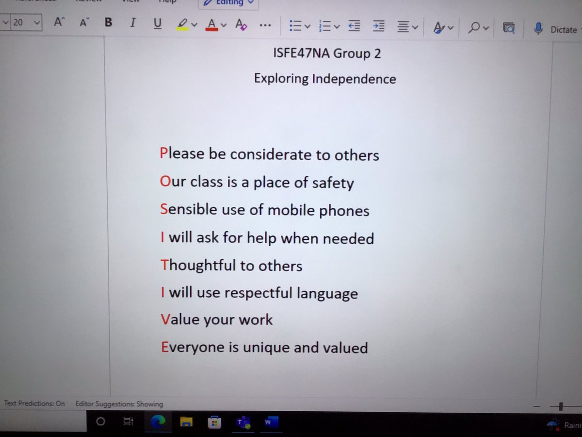 Phase 2 Exploring Independence Group 2 are embracing the word positive in everything they do this academic year. They have started by creating an acronym of the word positive for their classroom code of conduct.