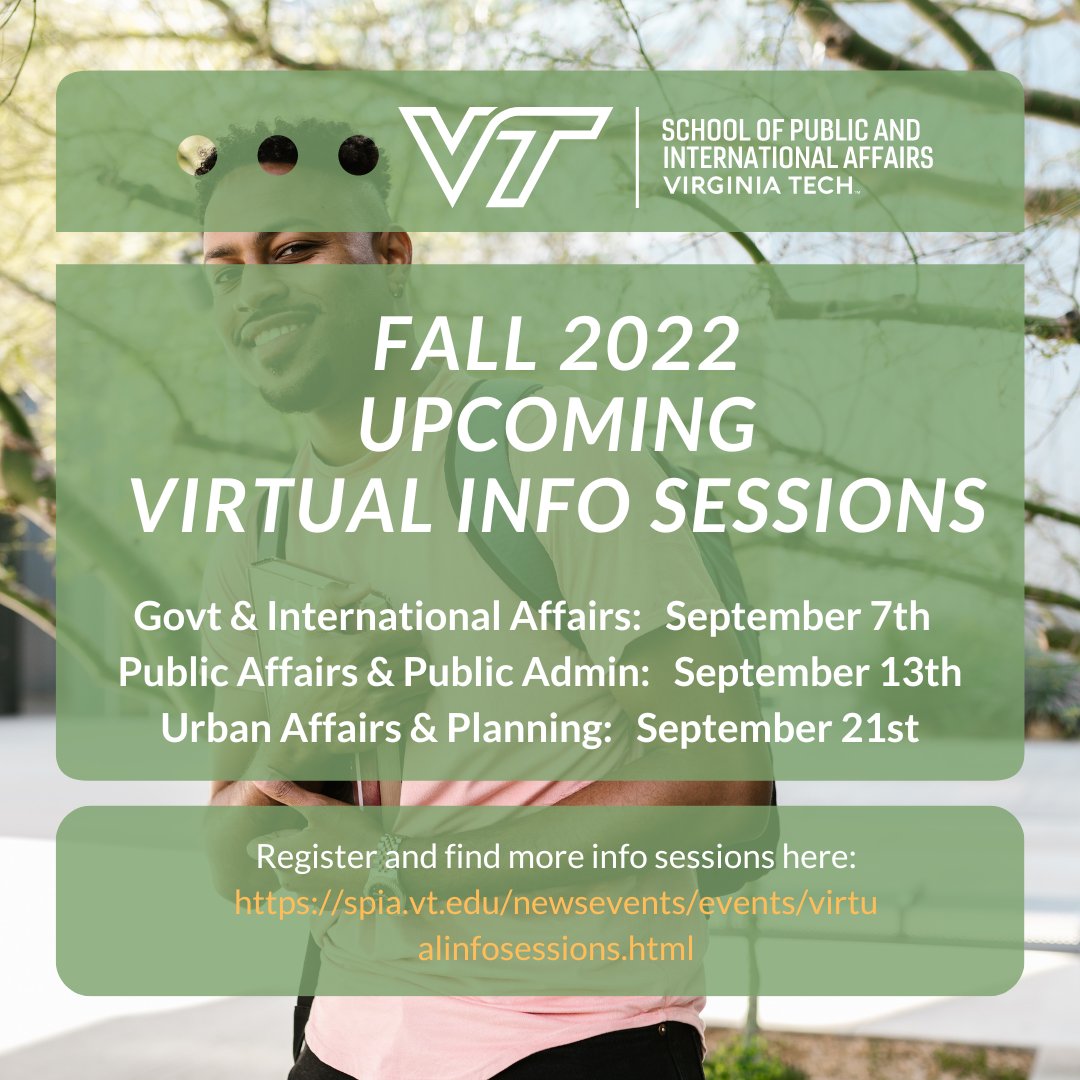 Reminder for our information sessions coming up! Check out more information here: spia.vt.edu/newsevents/eve…