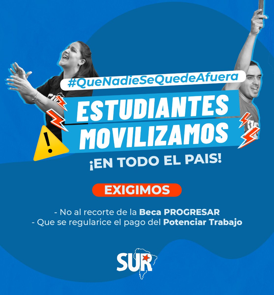 SURjuventudes's tweet photo. JORNADA NACIONAL QUE NADIE SE QUEDE AFUERA 📢⚡️

Estudiantes nos movilizamos en todo el país este miércoles 7/9 

¿Elegir entre estudiar y trabajar? https://t.co/UiBobmXDFI