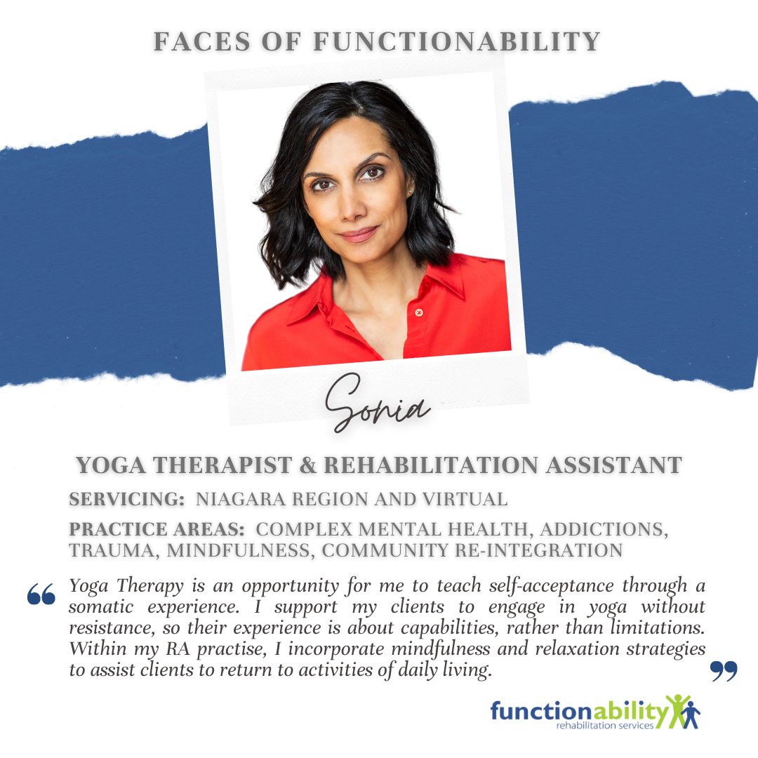 fa_rehab's tweet photo. Meet Sonia! Sonia is a Yoga Therapist in Niagara who provides both in-person and virtual yoga therapy.
Sonia supports her clients' mental and physical health via therapy that is accessible to each individual's unique needs and capabilities.
#yogatherapy #FacesofFunctionAbility https://t.co/XHeCpUnUgB