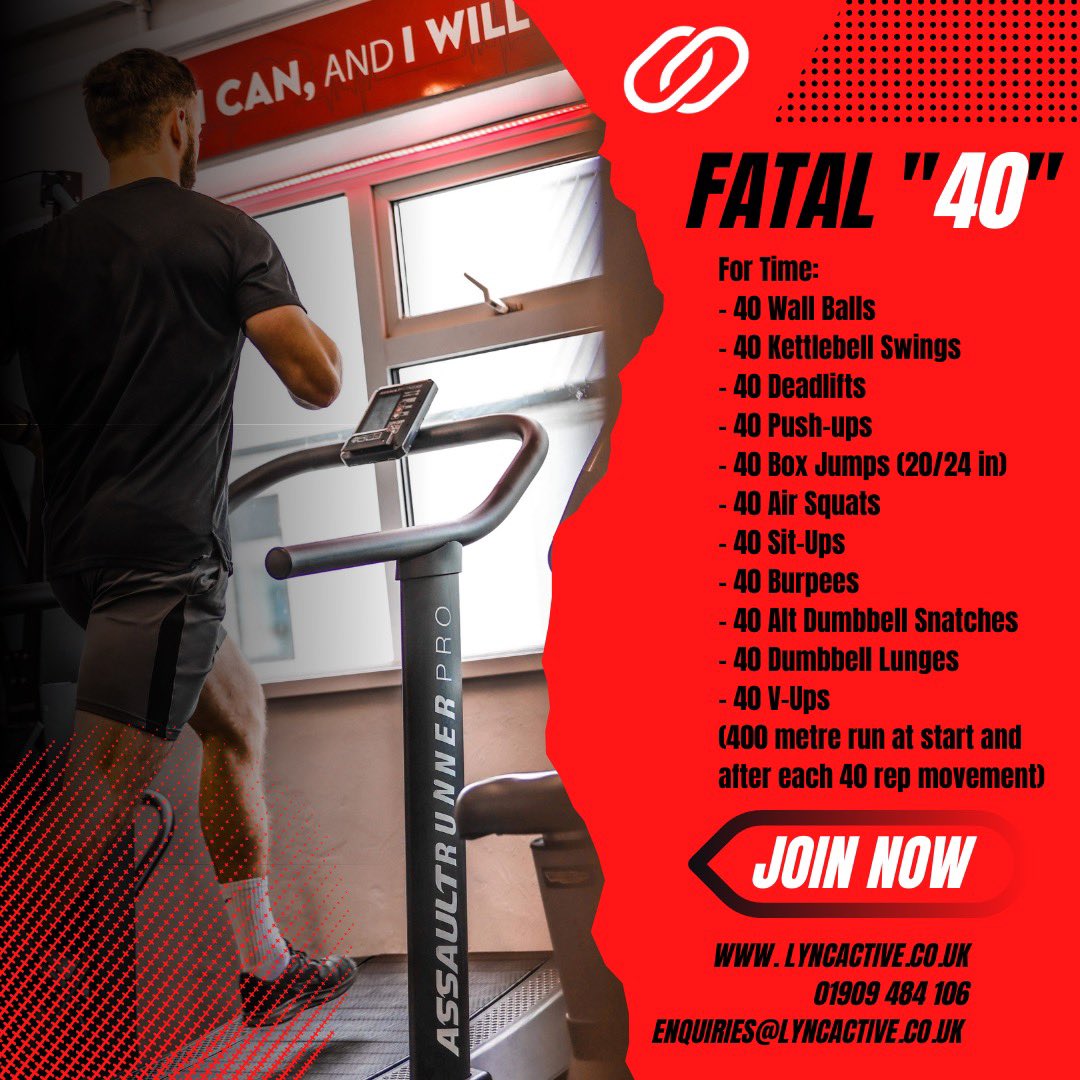 lync_active's tweet image. 𝗙𝗔𝗧𝗔𝗟 “𝟰𝟬” 👹😅

Check out this weeks workout challenge ⬇️ Get ready for your PTs this week… The Fatal 40 is a brutal workout adding up to almost 500 reps and 5k worth of running 🥵

Give it a try and let us know what time you did it in 📝 Enjoy 😈🔥 #TeamLync