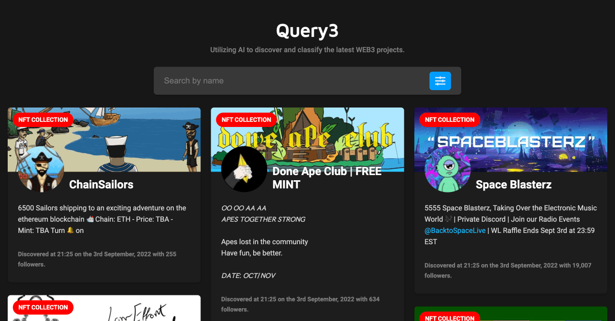 UseQuery's tweet photo. What is Query3?

Query3 is a search engine which uses Artificial Intelligence to discover and categorise WEB3 projects. We exist to help you discover the next 100x'er early.

Free to use on https://t.co/CzD9zrATCk https://t.co/yfYdNMp72h