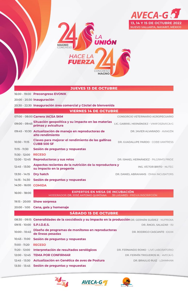 anecaac's tweet photo. Compartimos el programa científico del 24 Magno Congreso de AVECA-G, del 13 al 15 de octubre en Nuevo Vallarta, Nayarit.
Destacamos: Expertos en Mesa de Incubación, el 14 de octubre a las 4 PM, cupo limitado a 35 lugares, inscribirse al 331 604 7284
#AvecaG #Avicultura https://t.co/wpuuIZwG3I
