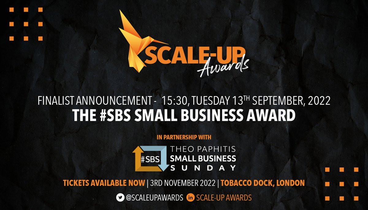TheoPaphitis's tweet photo. I'm thrilled to share that the finalists for The #SBS Small Business Award, run as part of the @BLeaderNews @ScaleUpAwards will be announced next Tuesday at 3:30pm – save the date !! Good luck to those that entered, I’m looking forward to finding out who those finalists are. 👍👍 https://t.co/nbWl0Wg5I0