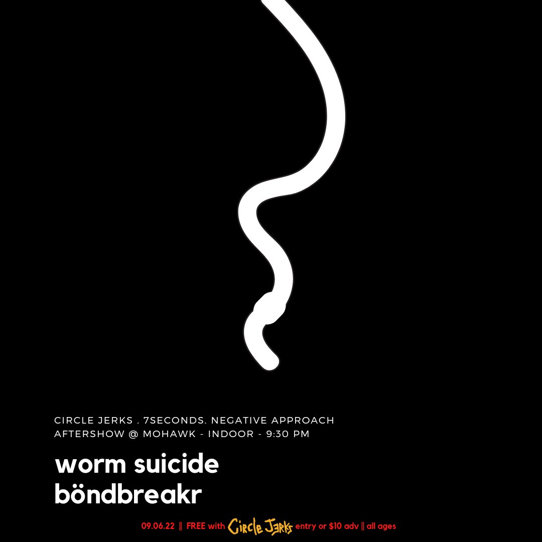 BONDBREAKR_ATX's tweet photo. ✨️TONIGHT✨️

The time has come! BÖNDBREAKR and @WormSuicideTX are closing out the Circle Jerks x 7Seconds x Negative Approach show tonight at @mohawkaustin ⛓️❤️‍🔥⛓️We'll see you on the indoor stage!

Doors at 9:30pm
Music at 10:30pm
Free with Circle Jerks entry or $10 adv https://t.co/ELWfoobljm
