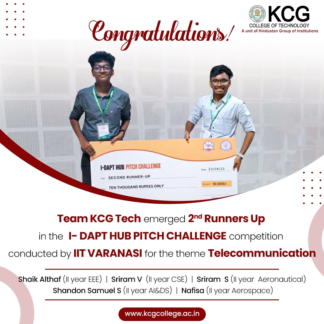 KCGtechnology's tweet photo. We would like to convey our heartiest congratulations to the five member team from KCG Tech for being chosen as the 2nd runners up in the I-Dapt Hub Pitch Challenge conducted by IIT Varanasi.
#telecommunication #KCGCollege #pitchchallenge #projectwinners https://t.co/geAfjKmgKS