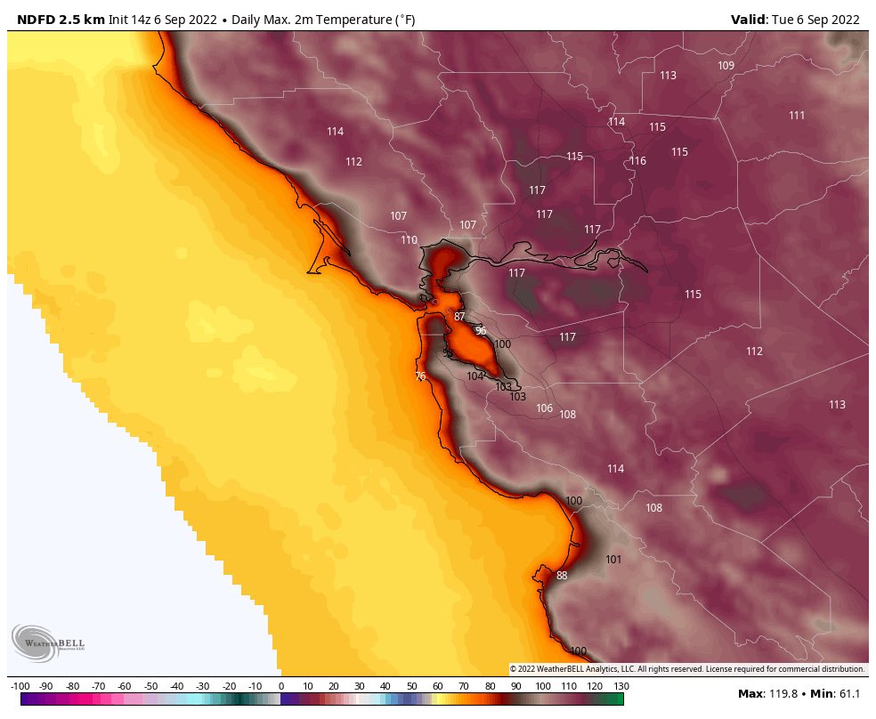 Today will be the hottest day ever recorded in the San Francisco Bay Area and Sacramento regions. Temperatures are forecast to reach as high as 120F in Walnut Creek and Danville in the East Bay!
